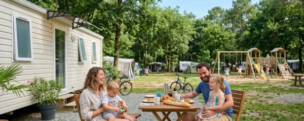 Une famille de quatre personnes profite d'une matinée ensoleillée devant leur mobil-home dans un camping ombragé de Loire-Atlantique, avec des arbres verdoyants et une aire de jeux visible en arrière-plan