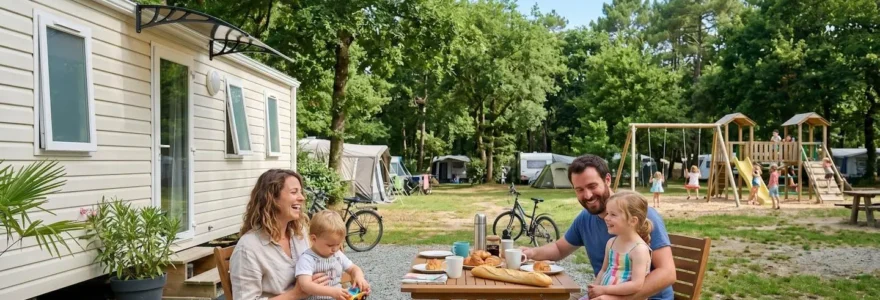 Une famille de quatre personnes profite d'une matinée ensoleillée devant leur mobil-home dans un camping ombragé de Loire-Atlantique, avec des arbres verdoyants et une aire de jeux visible en arrière-plan
