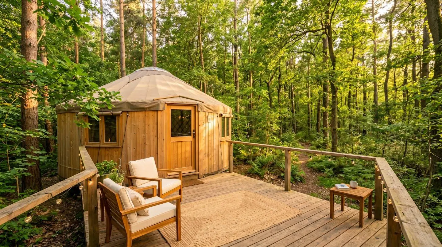 Une yourte équipée d'une terrasse en bois privative, entourée d'arbres, avec du mobilier extérieur confortable et une ambiance cosy et chaleureuse en fin de journée